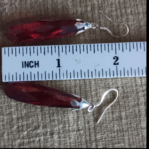 925 Silver French Wire Red Cubic Zirconia Pear Earrings - Picture 4 of 6